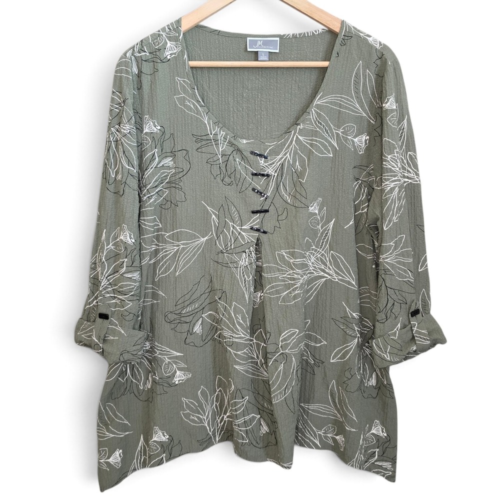JM Collection Womens Large Top Green Floral Roll Tab 3/4 Sleeve Crinkle Blouse